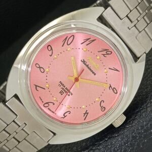 Vintage 1974 HMT Manual Wound Mens Silver Watch W/daydate & Pink accents